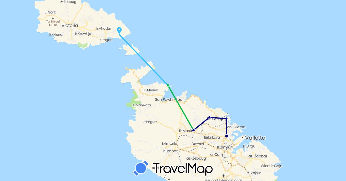 TravelMap itinerary: driving, bus, boat in Malta (Europe)